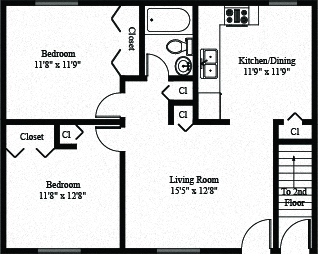 Floor plan for 2 beds, 1 bath